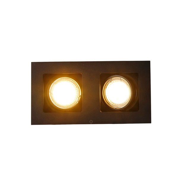 Schwarzer rechteckiger Deckenstrahler mit zwei runden Leuchtmitteln, die warmweißes Licht abgeben.