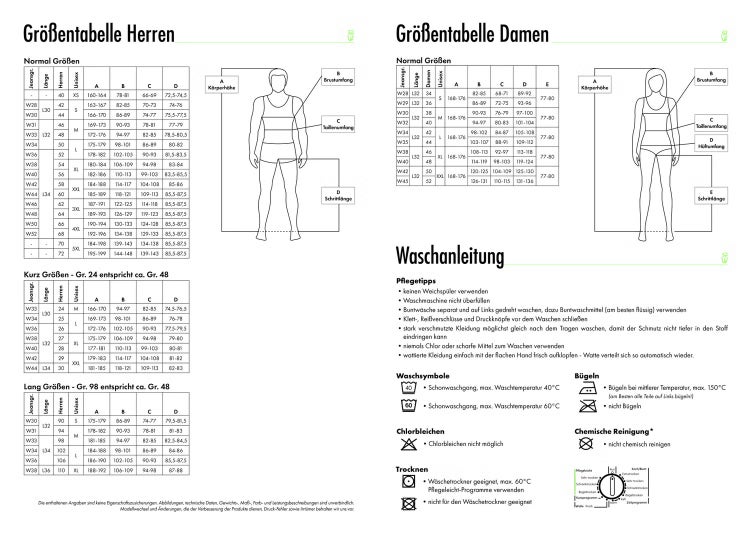 Größentabellen für Herren und Damen sowie Waschanleitungen mit Pflegetipps und Textilpflegesymbolen.