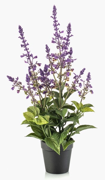 Künstlicher Lavendel mit violetten Blüten und grünen Blättern in einem schwarzen Topf