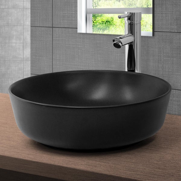 ML-Design Waschbecken aus Keramik in Schwarz matt Ø 415 x 135 mm mit Ablaufgarnitur, Runde Aufsatzwaschbecken, Moderne Waschtisch Waschschale Waschplatz Handwaschbecken, für Badezimmer / Gäste-WC