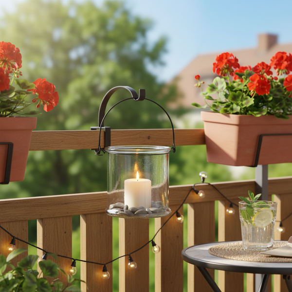 Heller Balkon mit Holzgeländer, hängendem Glaswindlicht mit Kerze, Blumenkästen mit roten Geranien und einer Lichterkette.