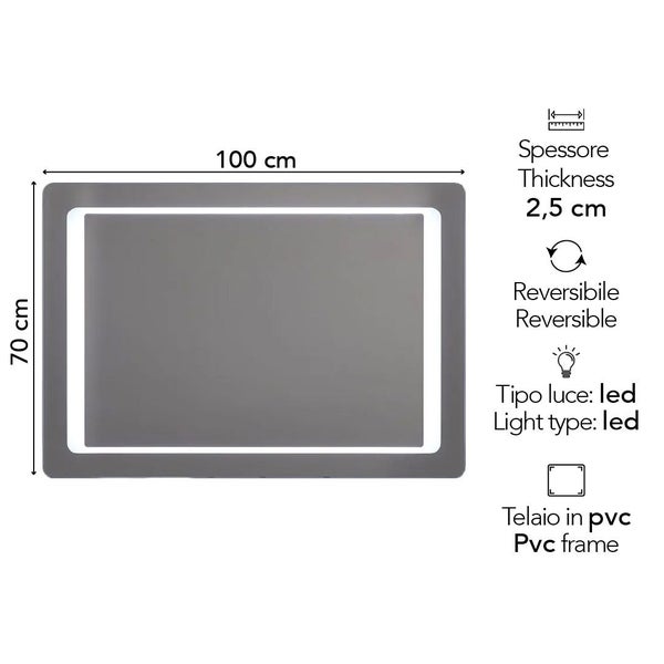 Badezimmerspiegel mit LED-Beleuchtung, Maße 100 mal 70 Zentimeter, Stärke 2,5 Zentimeter, reversibel, PVC-Rahmen.