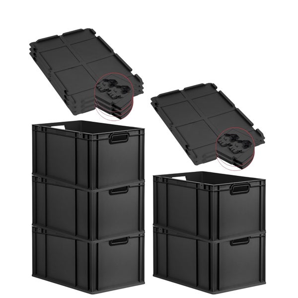 PROREGAL SuperSparSet 5x Eurobox NextGen Color mit Scharnierdeckel und Schiebeschnappverschlüssen, HxBxT 32x40x60cm, 65 Liter, Schwarz, Griffe schwarz offen, Verstärkter Boden, Eurobehälter, Transportbox, Transportbehälter, Stapelbehälter