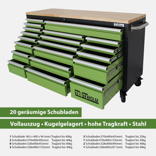 Werkstattwagen Deluxe XXL grün unbestückt 160x91 cm 20 Schubladen Werkbank Sideboard