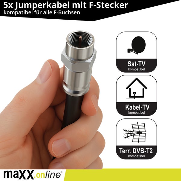 Fünf Jumperkabel mit F-Stecker in der Hand, kompatibel für alle F-Buchsen