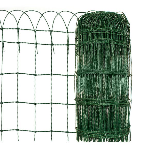 Grüner Gartenzaun aus kunststoffbeschichtetem Draht mit Oberbogen und rechteckigen Maschen, teilweise aufgerollt.