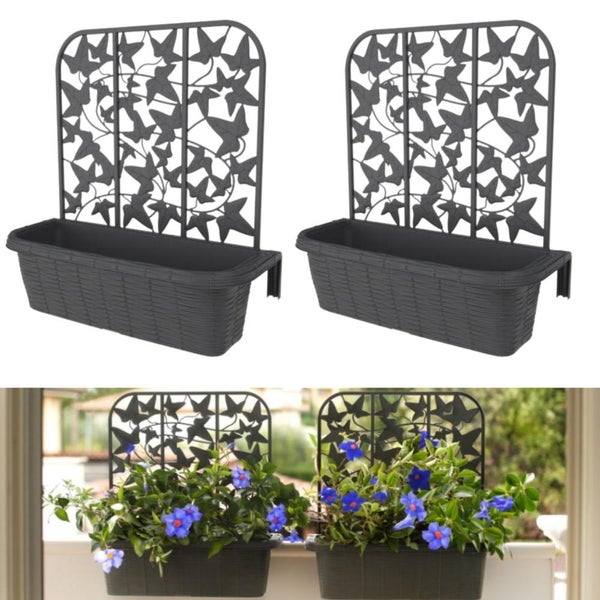 2x Balkonkasten mit Spalier für Kletterpflanzen Blumenkasten Geländerkasten 60 Rattan Optik Balkon Geländer Kasten Halterung Wasserspeicher Anthrazit