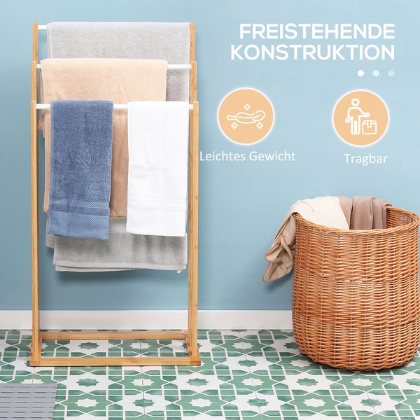 HOMCOM Handtuchhalter Stehend Handtuchständer mit 3 Stangen Handtuchleiter aus Bambus Badetuchhalter für Badezimmer, Handtücher, Badetücher 48 x 25,8 x 94 cm