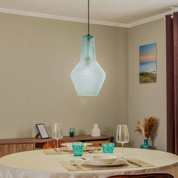 Lindby Pendelleuchte Drakar (Retro, Vintage Antik) in Blau aus Glas (1 flammig E27) - Hängelampe Esstischlampe Hängeleuchte Wohnzimmerleuchte