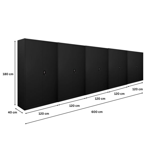 Abbildung von sechs Aktenschränken mit den Maßen 180 cm Höhe, 40 cm Tiefe und einer Gesamtbreite von 600 cm