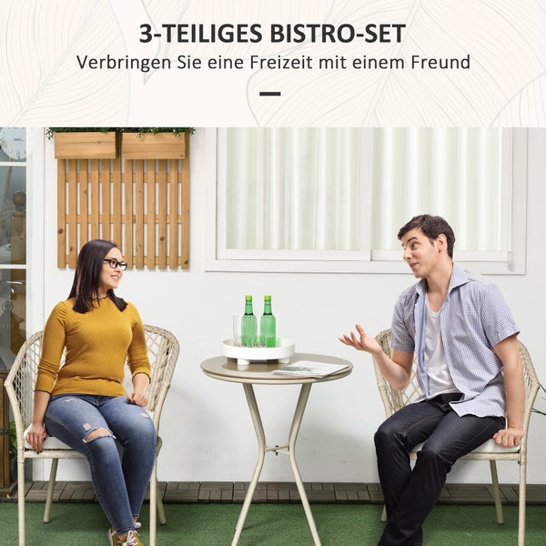 Outsunny Rattan Gartenmöbel-Set 3-tlg., Gartengarnitur mit Couchtisch, 2 Stühlen, Balkonmöbel-Set mit Kissen, Gartensitzgruppe für Balkon, Terrasse, Khaki