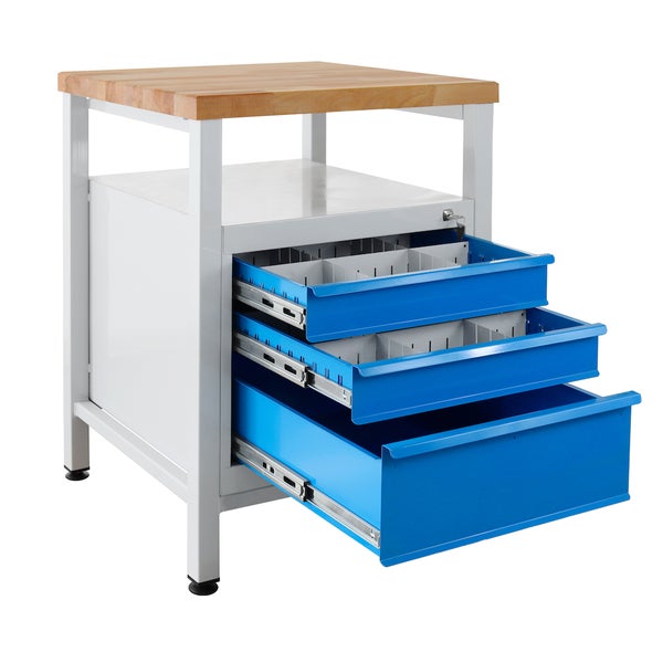PROREGAL Werkbank Slim Rhino mit Ablagefläche 3 Schubladen HxBxT 84 x 60 x 60 cm Traglast 300 kg Lichtgrau Blau