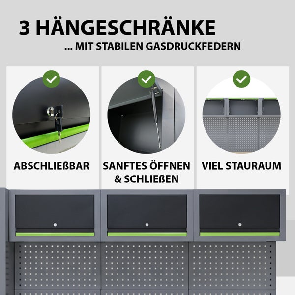 Drei Hängeschränke mit stabilen Gasdruckfedern für abschließbaren Stauraum