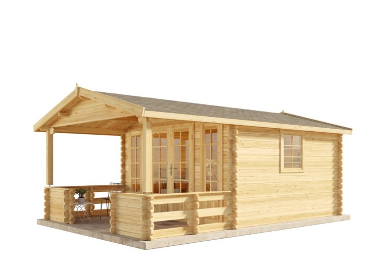 Holzgartenhaus mit überdachter Veranda im Garten.