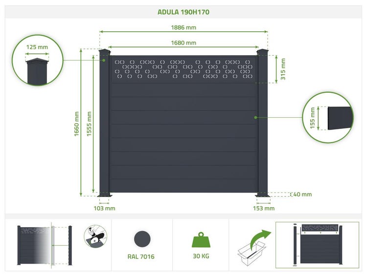 Sichtschutzzaun aus Aluminium ADULA 190H170 Grau