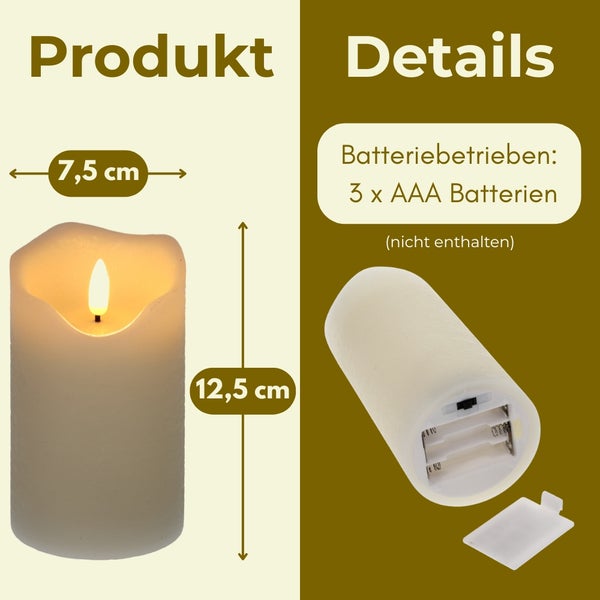 LED-Kerze, Höhe 12,5 Zentimeter, Durchmesser 7,5 Zentimeter, benötigt drei AAA-Batterien.