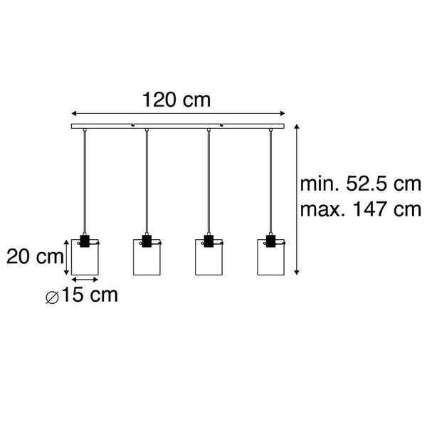 Technische Zeichnung einer Pendelleuchte mit vier Lampen, Abmessungen und Maße angegeben