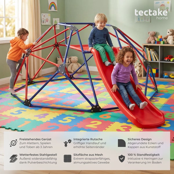 Kletterkuppel mit Rutsche in einem hellen Zimmer auf einem Teppich, Metallkonstruktion für drei Kinder, Belastbarkeit bis zu 150 Kilogramm.