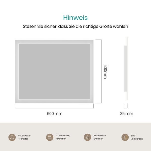 EMKE Badspiegel mit Beleuchtung 50 x 60 cm, LED-Spiegel mit Kippschalter, Anti-Beschlag, Kaltweiß/Warmweiß, Mattierter Rand