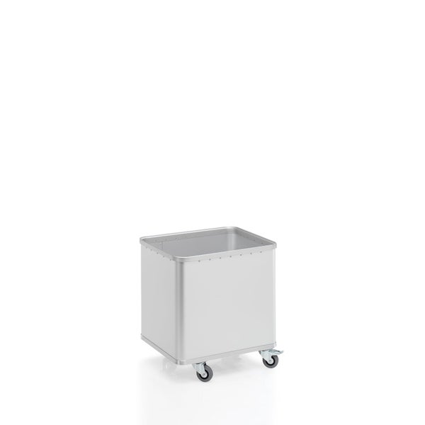 Aluminium-Transportwagen mit vier Lenkrollen, oben offen.