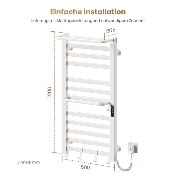 EMKE Handtuchwärmer elektrisch 1000 x 500 mm Hochglanz Weiß WLAN Steuerung Touchdisplay Regal Haken IPX5 280W
