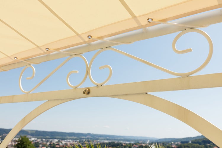 Pavillon ELEO Milano Ø 2,9 m weiß - pulverbeschichtet | mit Dekorkugel und Sonnensegel ecru