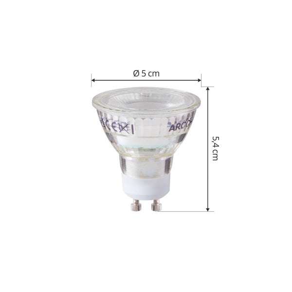 LED-Reflektorlampe GU10 mit einem Durchmesser von 5 Zentimetern und einer Höhe von 5,4 Zentimetern.