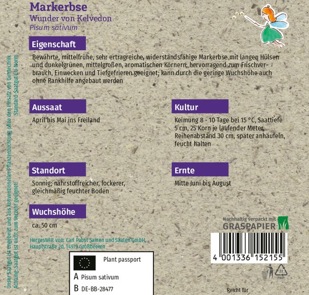 Rückseite der Samenpackung Markerbse Wunder von Kelvedon mit Anbauhinweisen zu Aussaat und Ernte sowie Details zur nachhaltigen Verpackung.