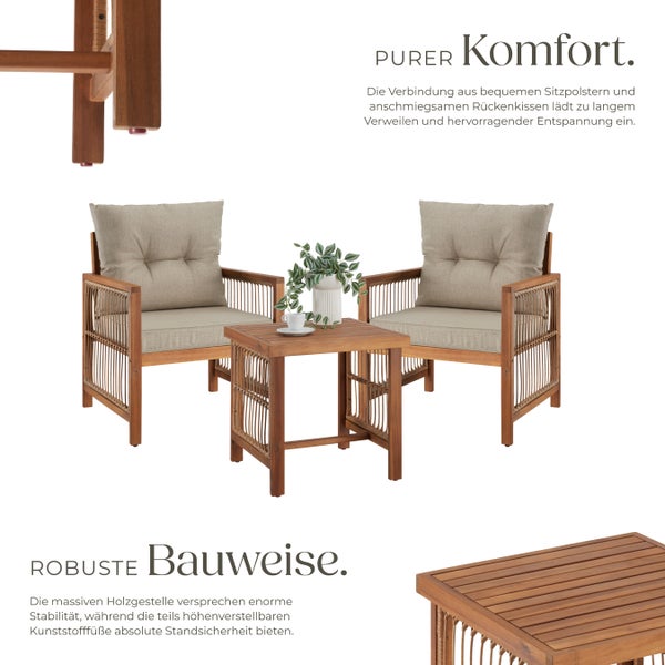 Garten-Lounge-Set aus Holz mit zwei Sesseln, beigen Polstern und einem Tisch, inklusive Detailansichten der stabilen Holzkonstruktion.