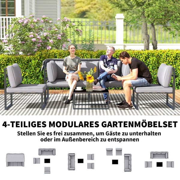 Outsunny Gartenmöbel Set wetterfest Sitzgruppe für 5 Personen Gartenlounge mit 3er Sofa 2 Sessel Sonnendach Kissen Beistelltisch Outdoor Balkonmöbel-Set Terrassenmöbel für Garten Balkon Grau