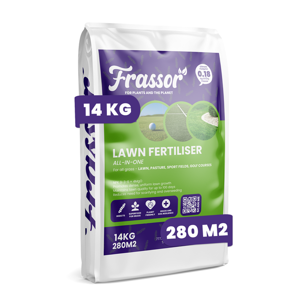 Frassor Rasendünger All-in-One, 14 Kilogramm für 280 Quadratmeter, NPK 9-3-6 plus 4 Magnesiumoxid.
