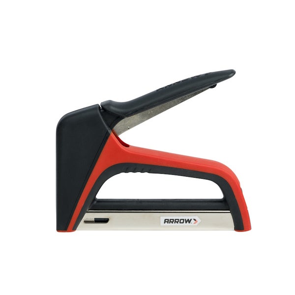 Arrow Handtacker aus Kunststoff und Metall in Schwarz und Rot.