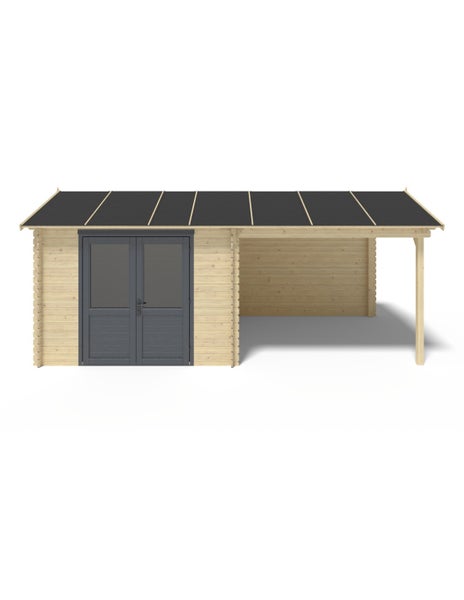 Gartenhaus aus Holz mit Pultdach, einer anthrazitfarbenen Doppeltür und einem seitlichen Anbau.