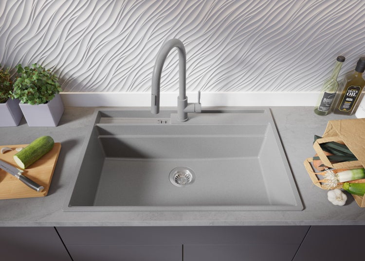 PRIMAGRAN Spülbecken Grau 78x53cm, Granitspüle 1 Becken + Ablauf-Set + Küchenzubehörset, Küchenspüle ab 80er Unterschrank - Oslo Pocket