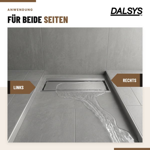 Dalsys Duschrinne zur beidseitigen Anwendung in einer gefliesten Dusche mit Wasserfluss