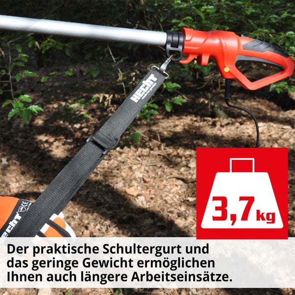 Hecht Logo auf Schultergurt einer Heckenschere, Gewicht 3,7 Kilogramm