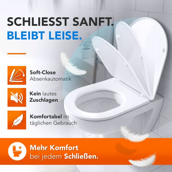 Wand-WC mit Toilettensitz mit Soft Close Absenkautomatik für geräuschloses Schließen der Toilette.