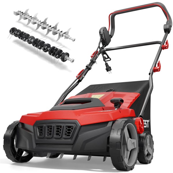 Elektro-Vertikutierer und Rasenlüfter mit Grasfangsack, Vertikutierwalze mit Messern und Lüfterwalze mit Federzinken.