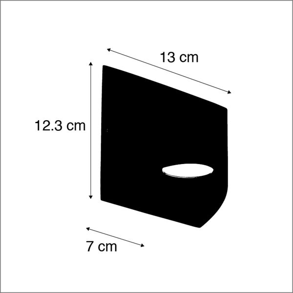 Wandmontierter Halter mit Maßangaben: Höhe 12,3 Zentimeter, Breite 13 Zentimeter und Tiefe 7 Zentimeter.