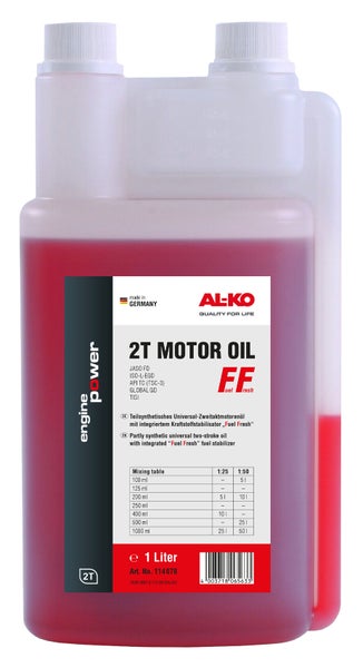 AL-KO Motoröl für Zweitaktmotoren mit Kraftstoffstabilisator in einer 1 Liter Flasche.