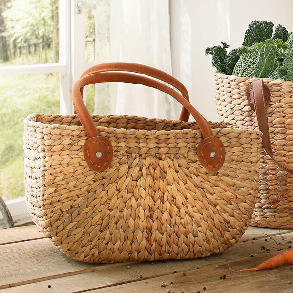 FRANK FLECHTWAREN | Tasche Naturgeflecht, KORBGEFLECHT, LEDER, 38 x 20 x 22 cm, GH 40 cm