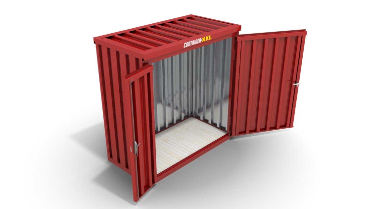 Lagercontainer Gerätehaus XS  – 2 qm, H2150 x B2100 x T1140 mm, Außenwandlackierung RAL 3000 feuerrot, Dach außen verzinkt, mit Holzfußboden, 1830 mm Doppelflügeltür mittig in Breitseite, montiert