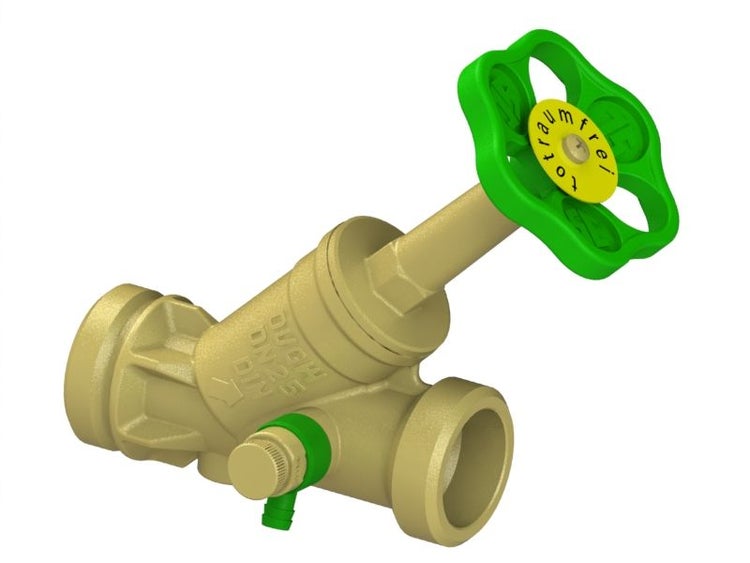 Messing Schrägsitzventil Nennweite 25 totraumfrei mit Entleerung und grünem Handrad.