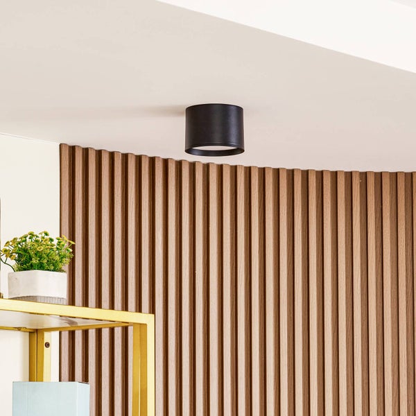 Schwarze zylindrische Deckenleuchte vor einer Wand mit vertikalen Holzlamellen und einem Regal mit kleiner Pflanze.