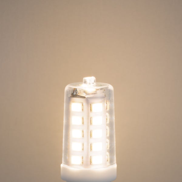 Transparente LED-Stiftsockellampe mit mehreren sichtbaren LED-Chips.