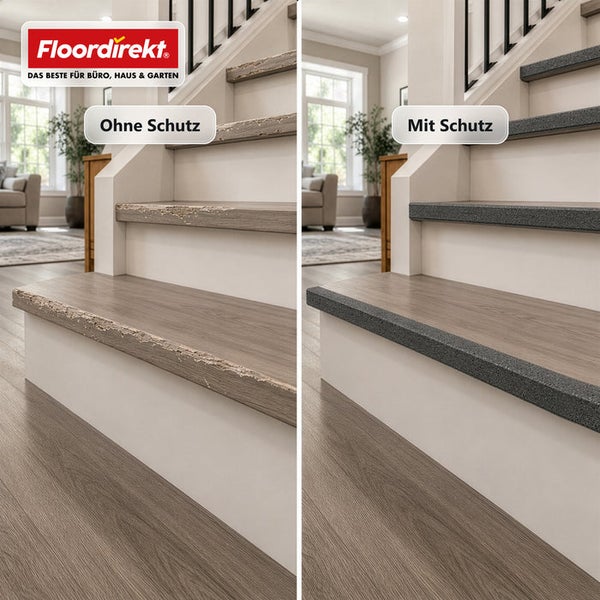 Vergleich einer Treppe mit und ohne Treppenkantenschutz von Floordirekt Logo zur Sanierung beschädigter Treppenstufenkanten.