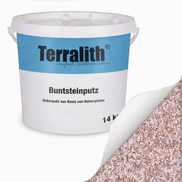 Terralith Buntsteinputz 14 Kilogramm Eimer mit Detailansicht der Kieselstein-Struktur.