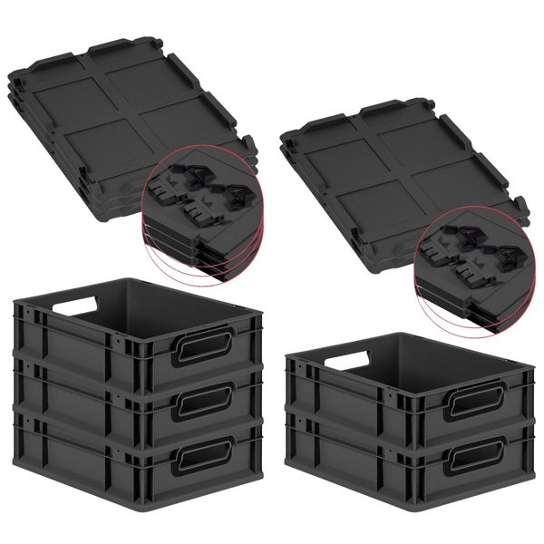 PROREGAL SuperSparSet 5x Eurobox NextGen Color mit Scharnierdeckel und Schiebeschnappverschlüssen, HxBxT 12x30x40cm, 11 Liter, Schwarz, Griffe schwarz offen, Eurobehälter, Transportbox, Transportbehälter, Stapelbehälter