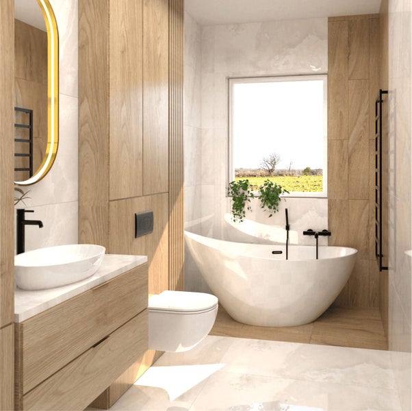 Helles Badezimmer mit Holzmöbeln, Badewanne und Blick ins Grüne