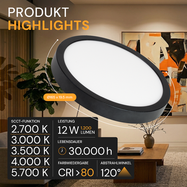Rundes schwarzes LED-Panel: 12 Watt, 1200 Lumen, Farbtemperatur 2700 bis 5700 Kelvin, Lebensdauer 30000 Stunden, Abstrahlwinkel 120 Grad.